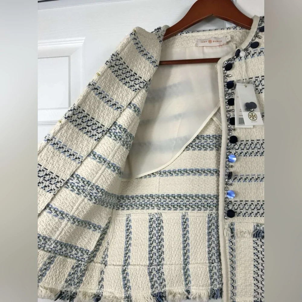 NWT $495 Tory Burch Abbot Embellished Striped Tweed Jacket